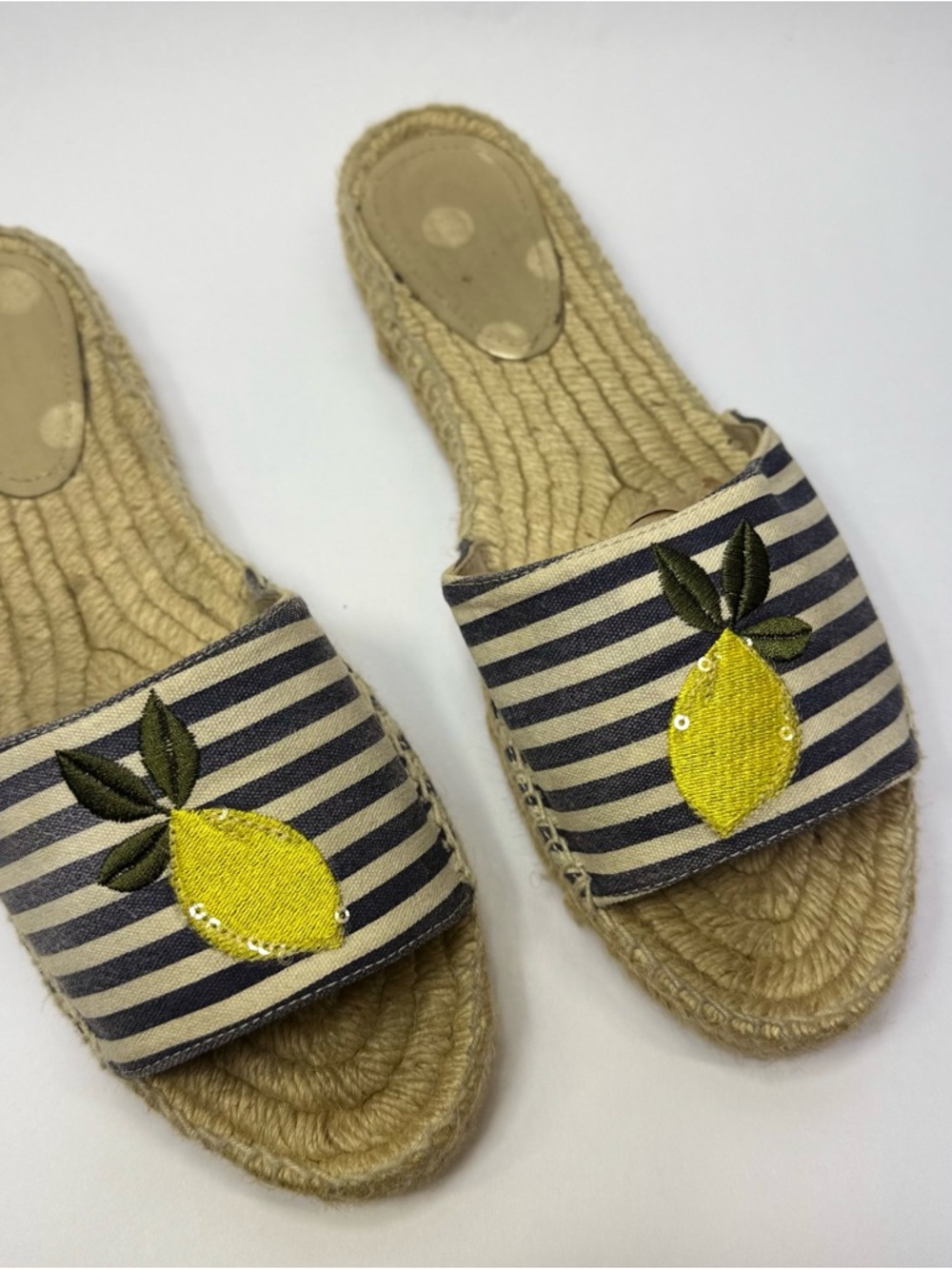 Boden Navy & Cream Striped Espadrille Slides with Yellow Lemon Embroidery sz 39